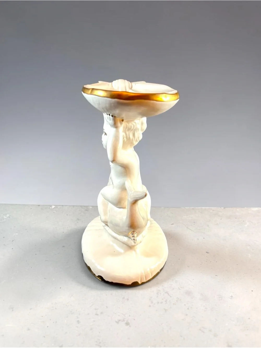 Vintage Holland Mold Ceramic Cherub Riding Dolphin Shell Dish Soap Trinket 8